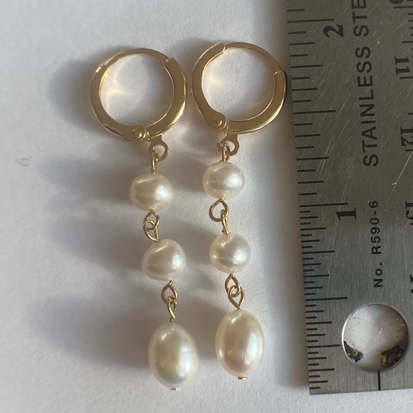 Handmade White Cultured Pearl Hoop Earrings - 14K Gold Plate - Picture 7 of 8